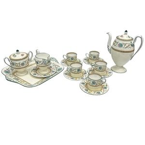 WEDGWOOD SHAH BONE CHINA: CUPS & SAUCERS, TRAY, COFFEE POT, SUGAR BOWL & CREAMER